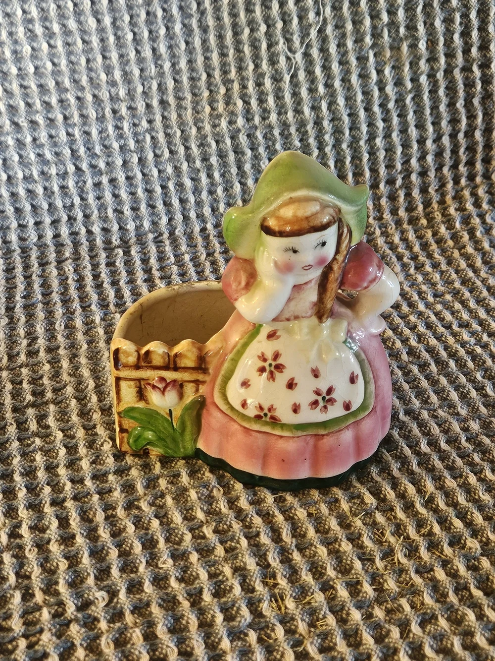 Vintage Ceramic Girl Planter - Pink & Green Floral